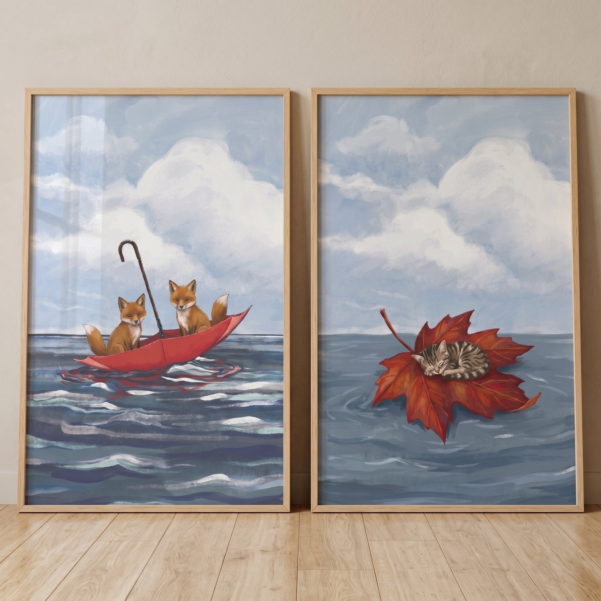 Dreamy Blue Ocean Animals Wall Art Set of 2 - Whimsical Water Journeys
