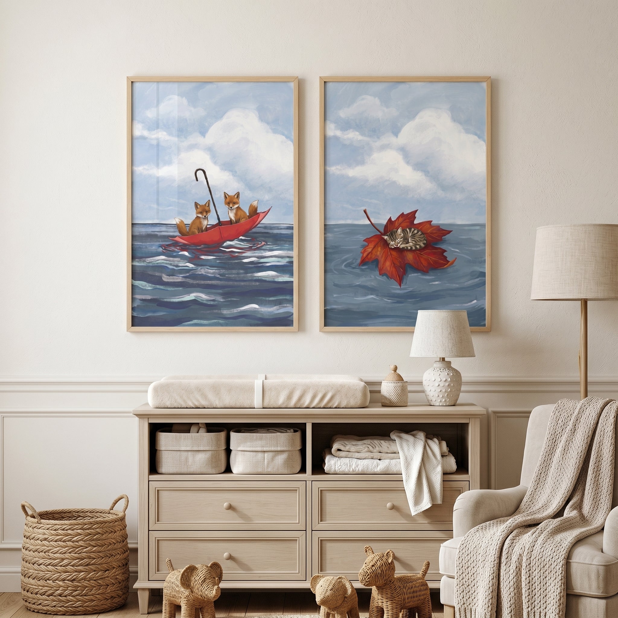 Dreamy Blue Ocean Animals Wall Art Set of 2 - Whimsical Water Journeys