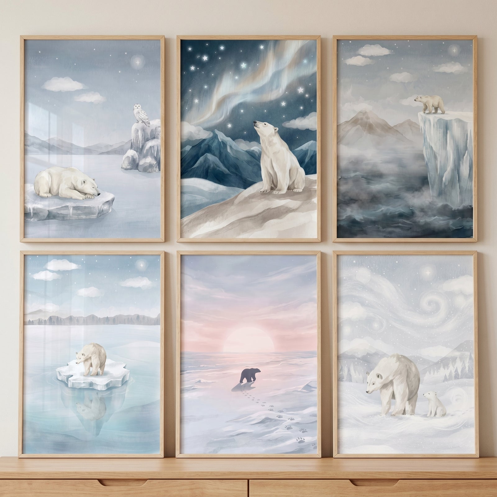 Dreamy blue polar bear wall art set of 6 with bears on ice floes and snowy hills under soft northern lights and stars.