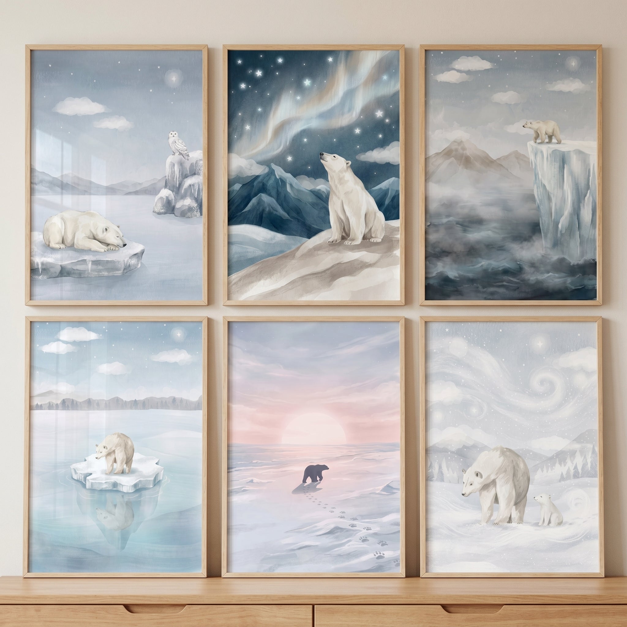 Dreamy Blue Polar Bear Wall Art Set of 6 - Icy Polar Wilderness