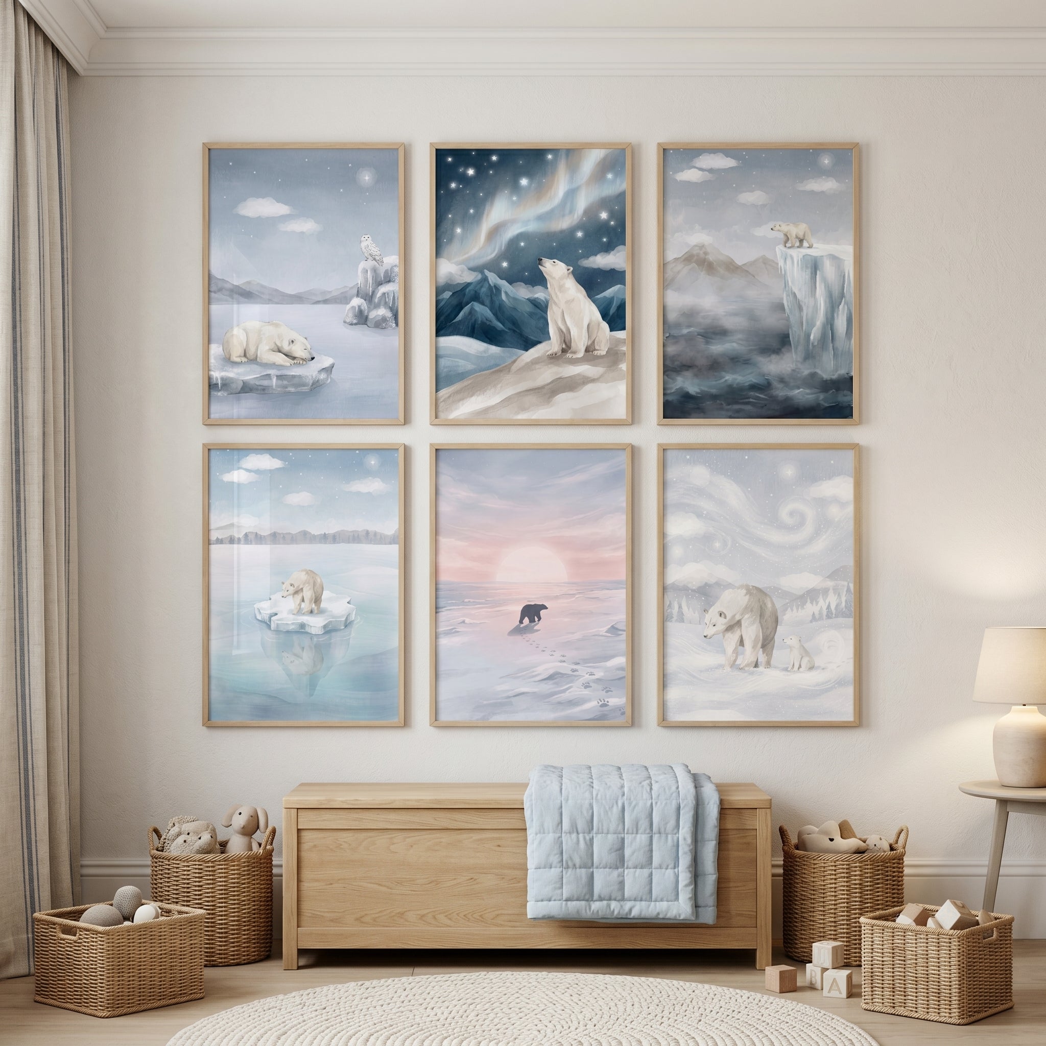 Dreamy Blue Polar Bear Wall Art Set of 6 - Icy Polar Wilderness