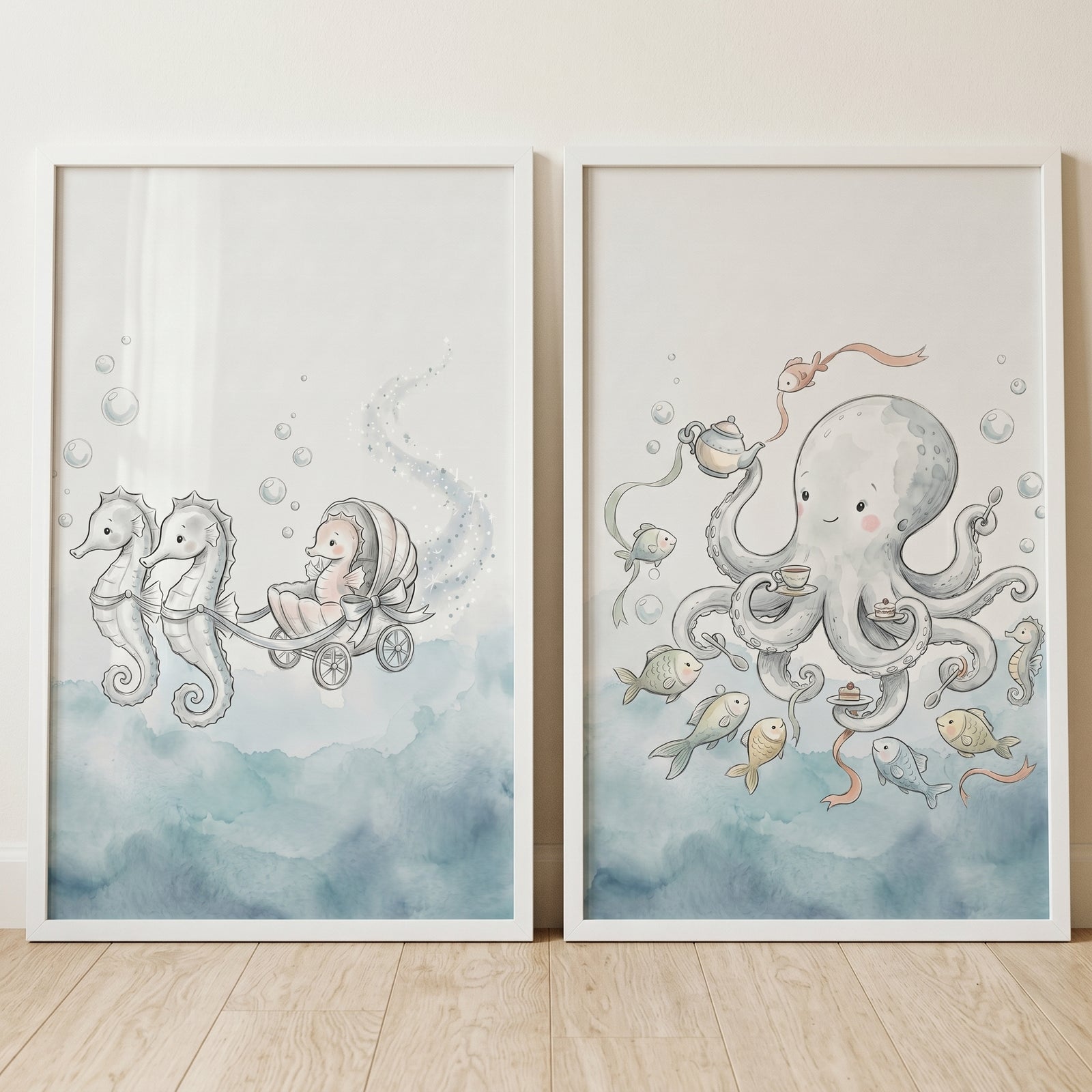 Dreamy blue sea creature wall art set of 2 with a seahorse carriage and an octopus hosting a tea party.