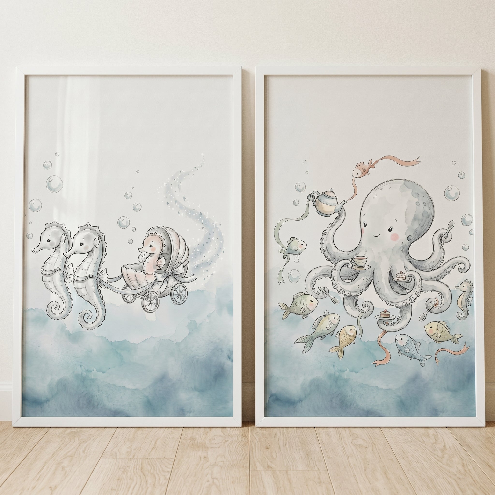 Dreamy Blue Sea Creature Wall Art Set Of 2 - Whimsical Sea Life