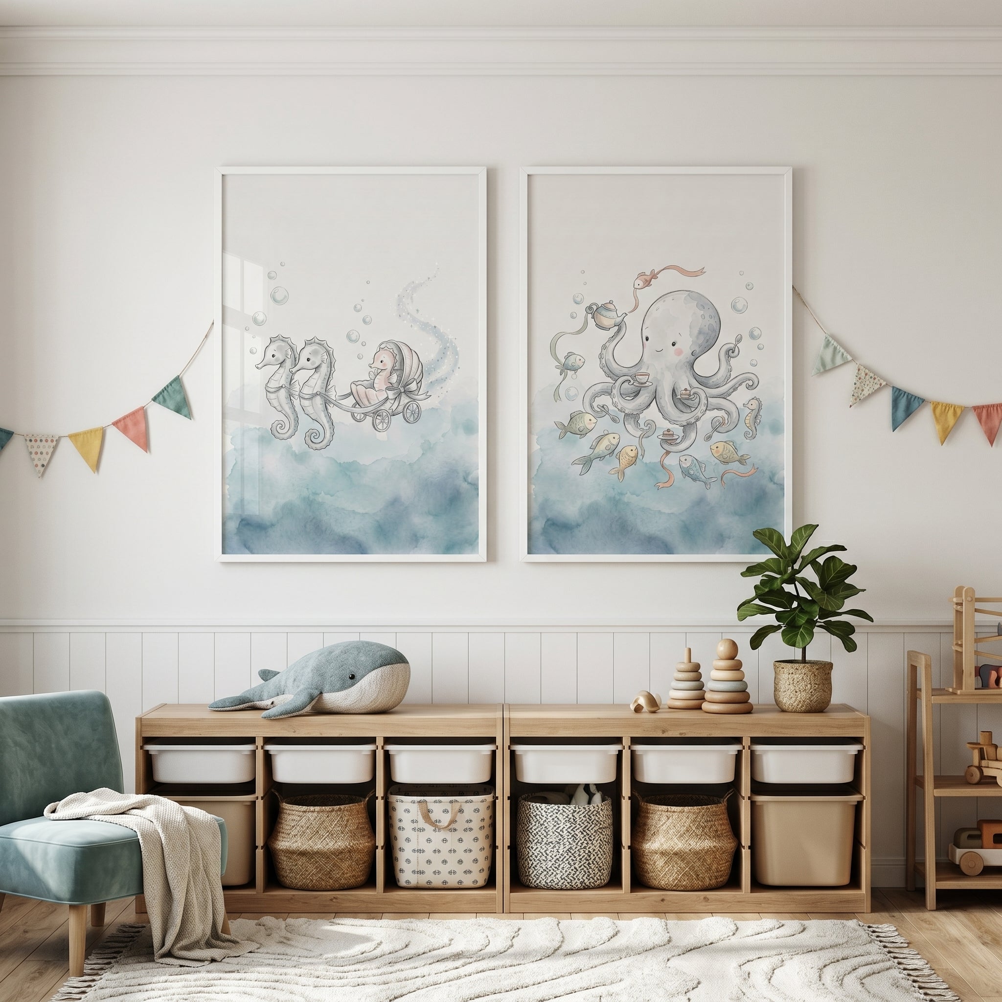 Dreamy Blue Sea Creature Wall Art Set Of 2 - Whimsical Sea Life