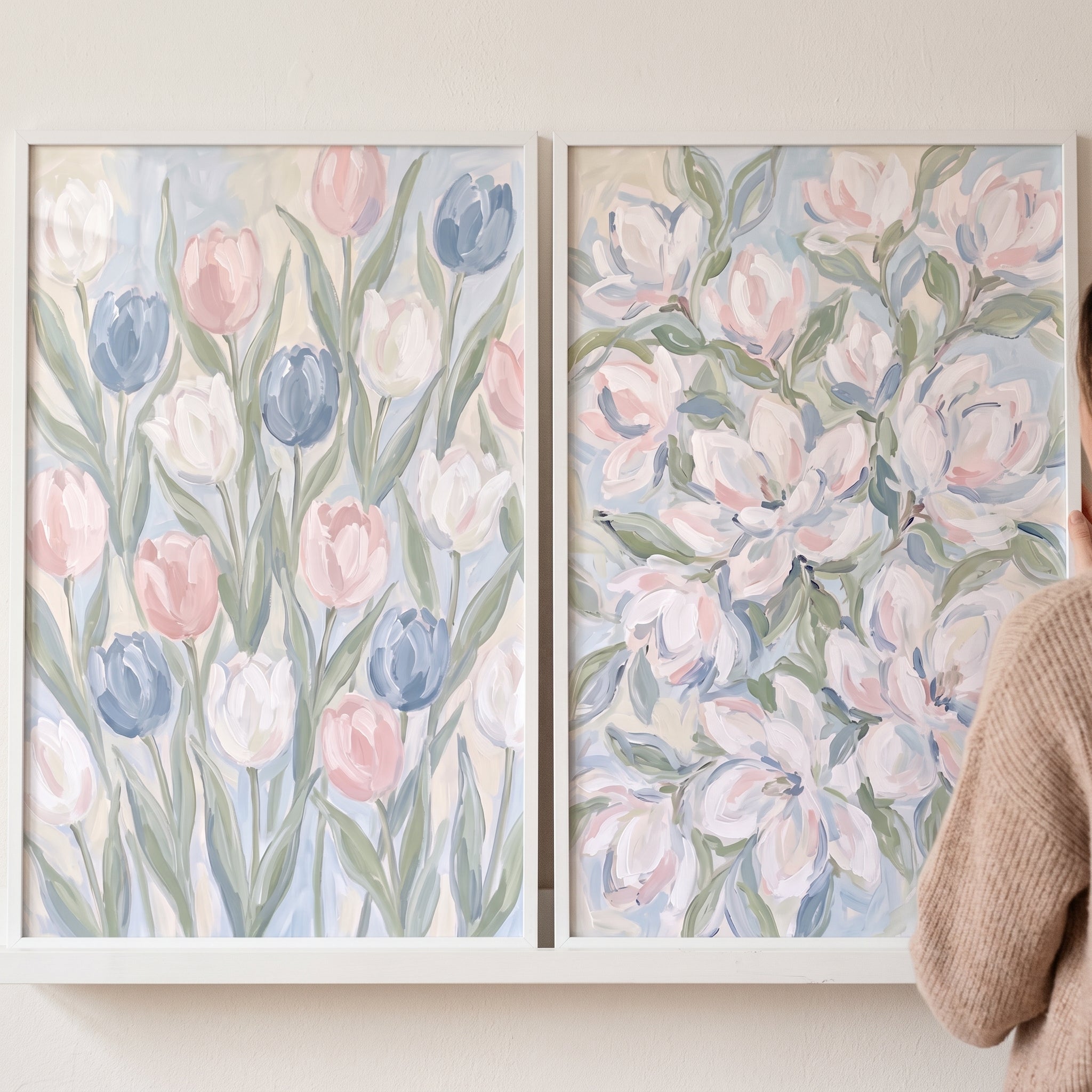 Dreamy Blush Blue Floral Wall Art Set of 2 - Soft Pastel Blossoms