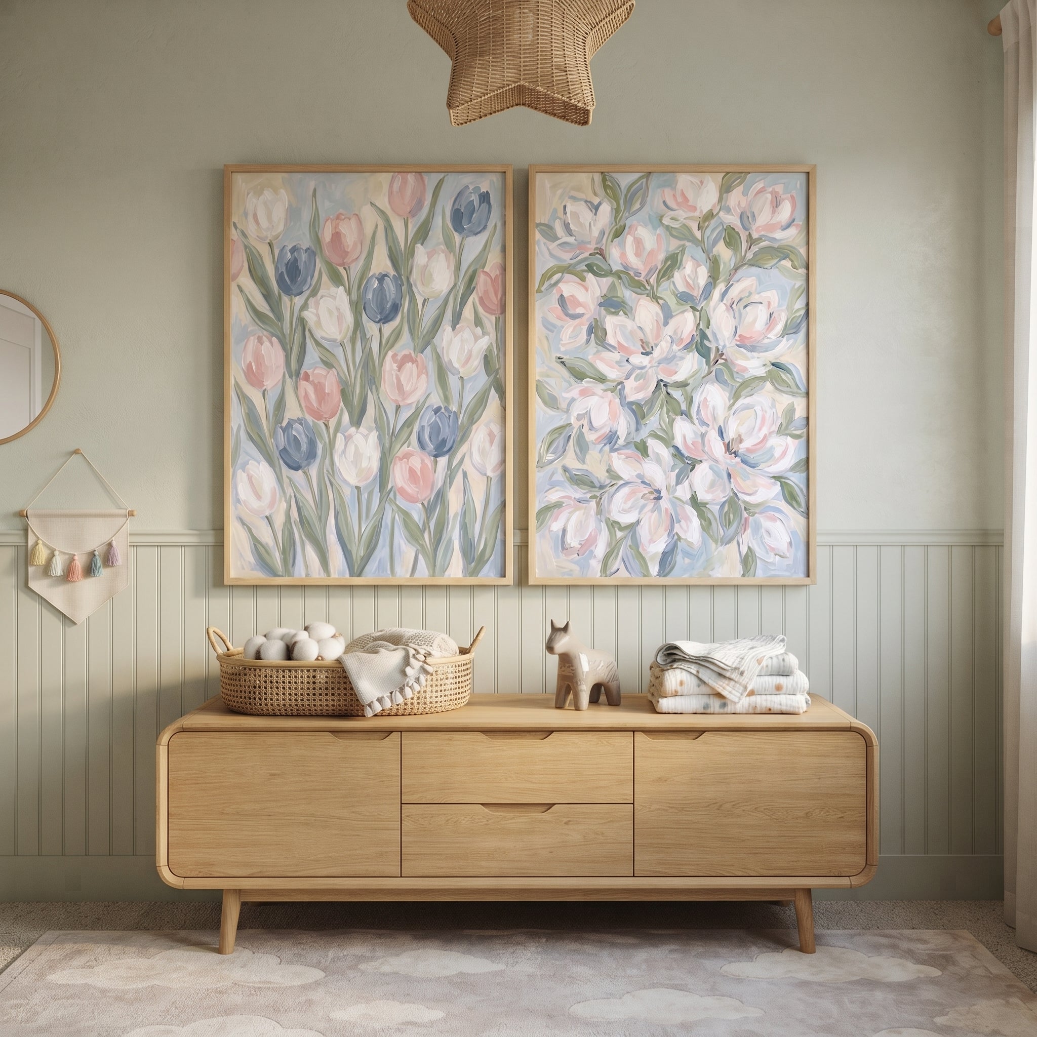 Dreamy Blush Blue Floral Wall Art Set of 2 - Soft Pastel Blossoms