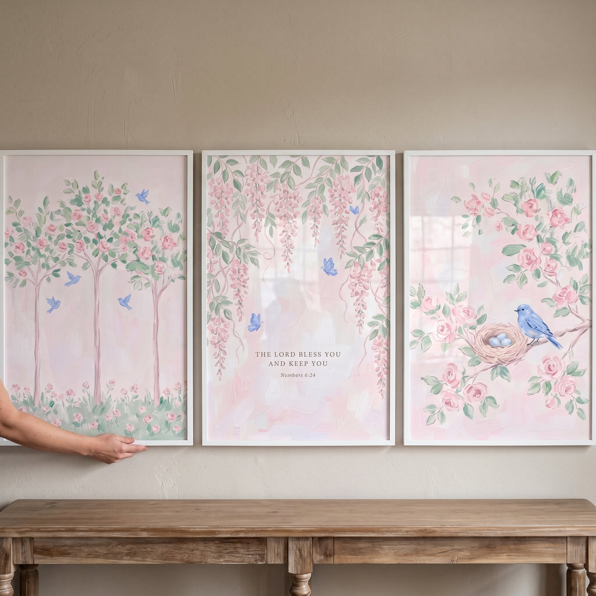 Dreamy Blush Botanical Garden Wall Art Set of 3 - Blessed Garden Verse