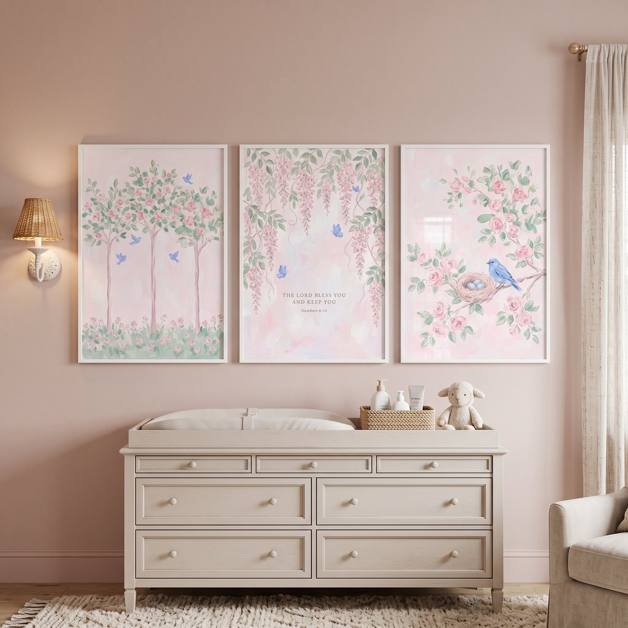 Dreamy Blush Botanical Garden Wall Art Set of 3 - Blessed Garden Verse