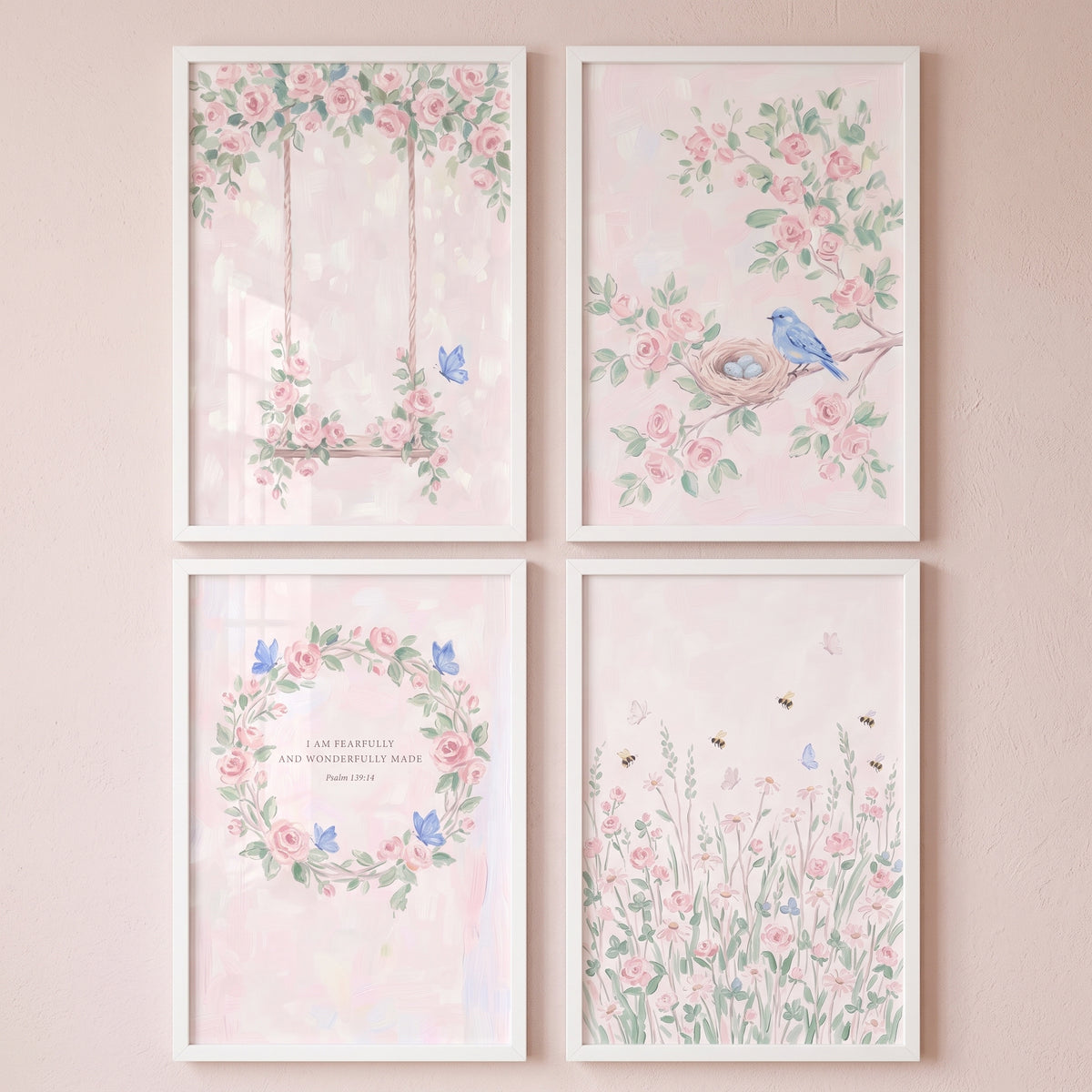 Dreamy blush pink garden wall art set of 4 featuring a floral swing, a blue bird, a flower wreath, and a blossom field.