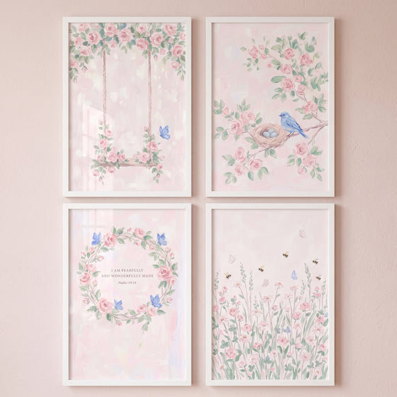 Dreamy blush pink garden wall art set of 4 featuring a floral swing, a blue bird, a flower wreath, and a blossom field.