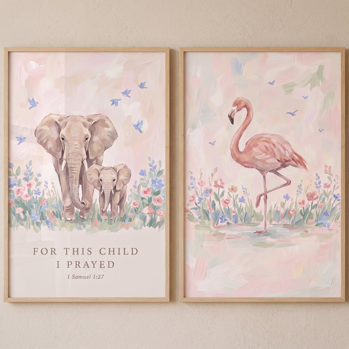 Dreamy blush safari animals wall art set of 2 with elephants, a flamingo, and scripture surrounded by flowers and birds.