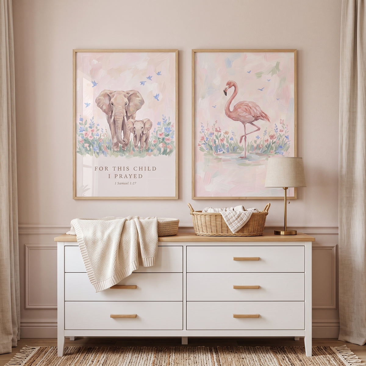 Dreamy Blush Safari Animals Wall Art Set of 2 - Nursery Prayer Duo