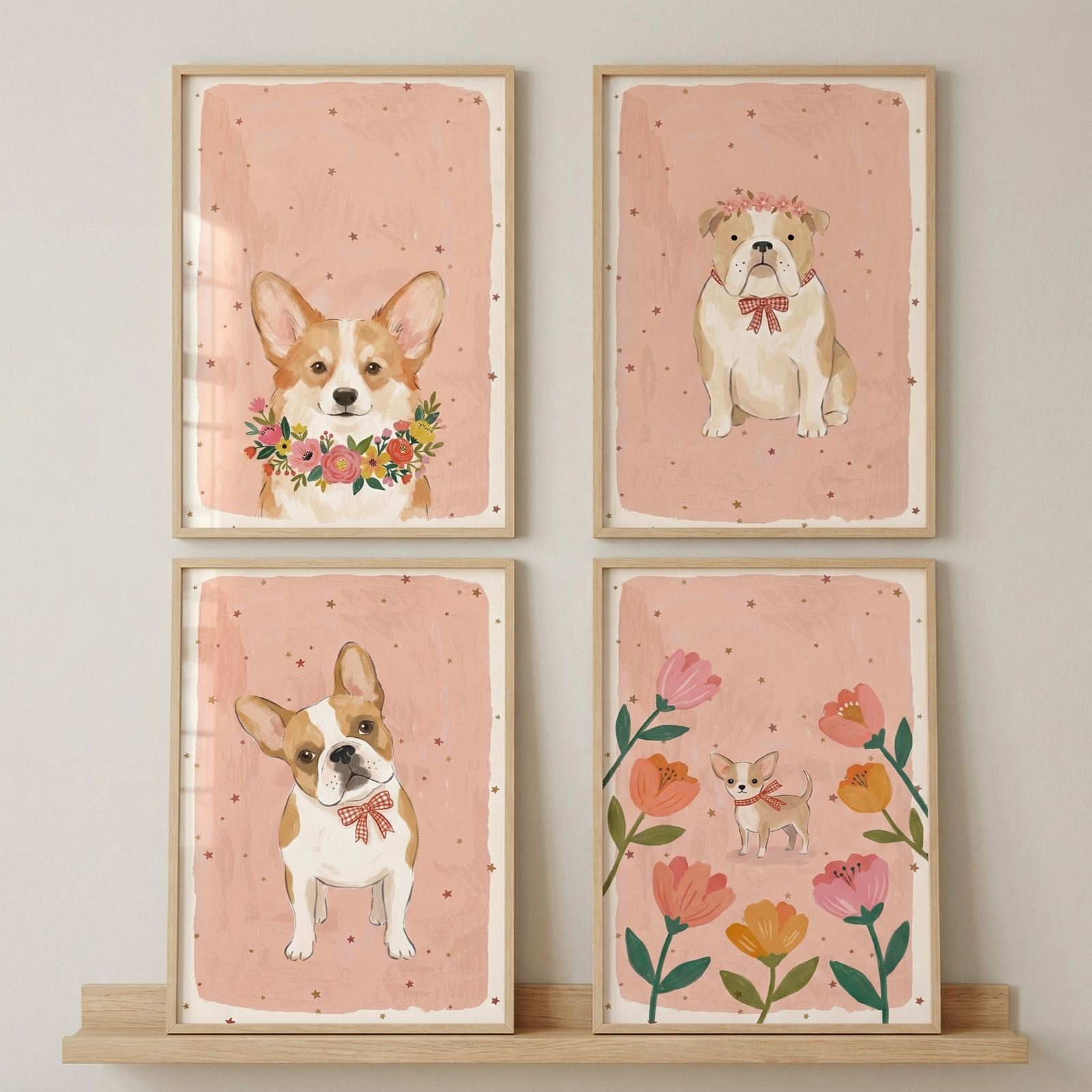 A set of four rectangular illustrations in light wood frames, arranged in a two-by-two grid against a neutral wall. Each piece features a different dog against a soft pink, textured background decorated with tiny stars. The top-left artwork depicts a brown and white corgi wearing a vibrant floral wreath. 