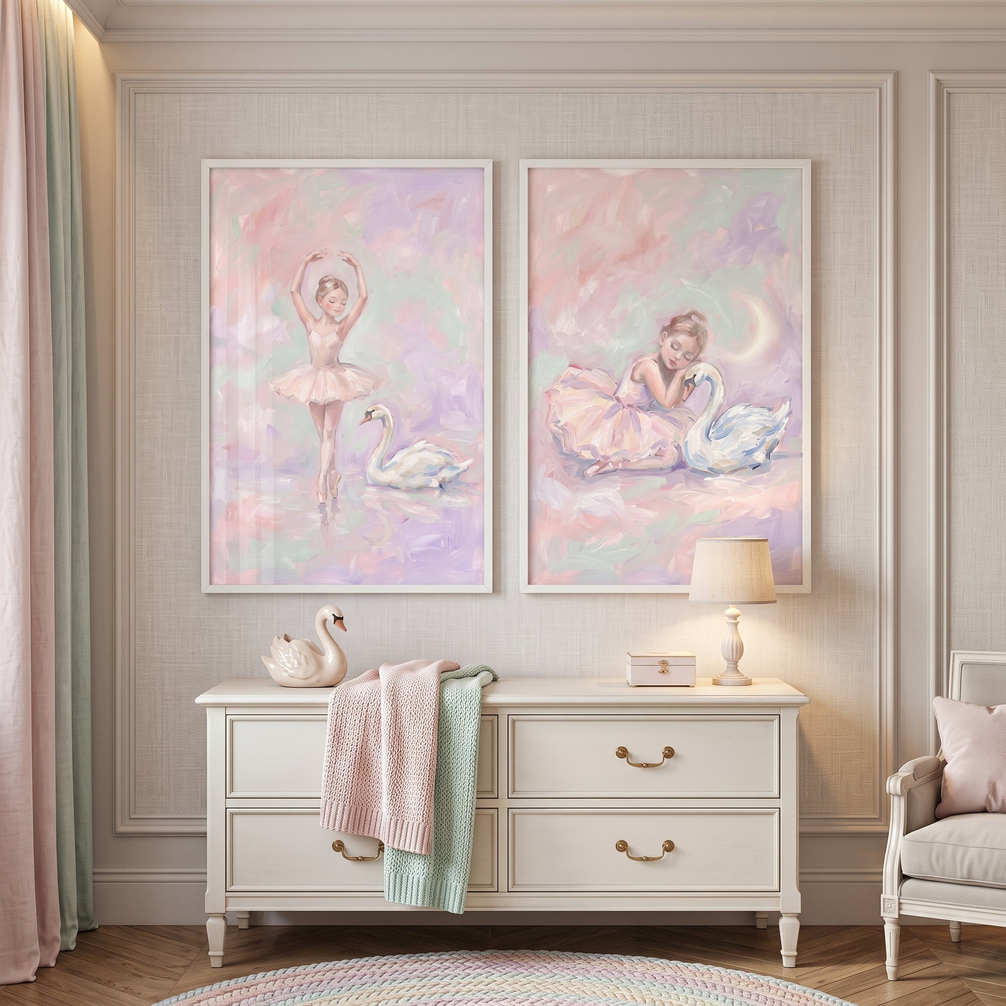 Dreamy Blush Swan Ballet Wall Art Set of 2 - Graceful Swan Dreams