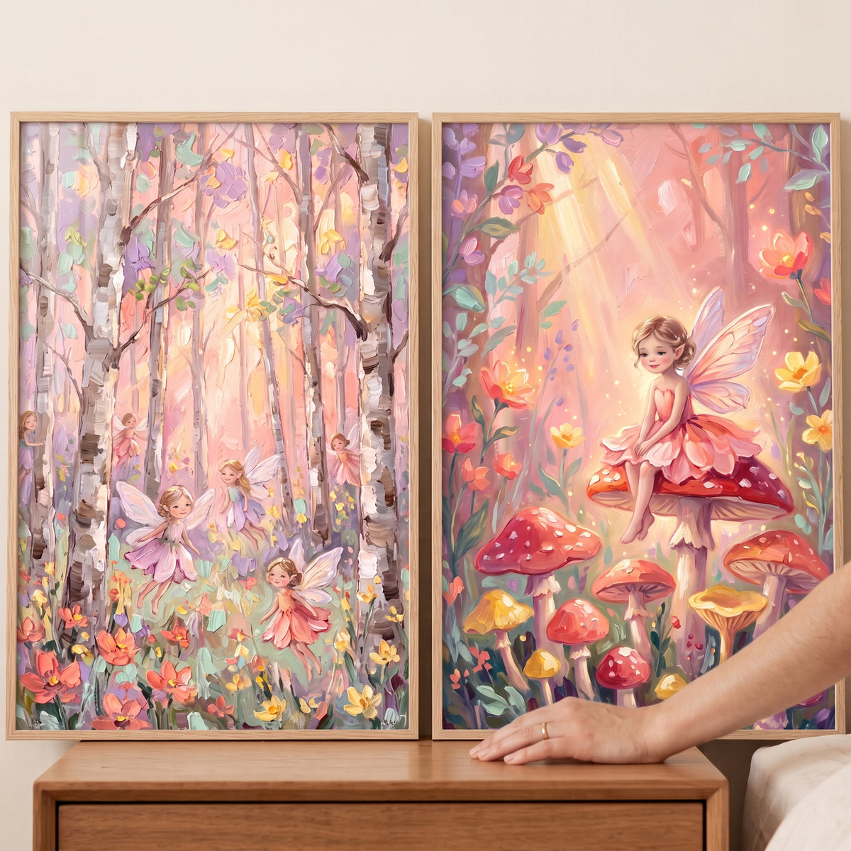 A hand rests on a dreamy blush winged fairy wall art set of 2 featuring sprites in a forest with flowers and mushrooms.