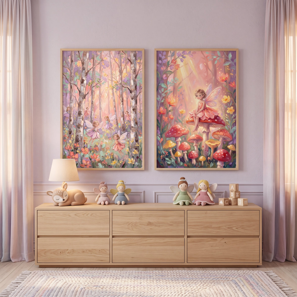 Dreamy Blush Winged Fairy Wall Art Set of 2 - Enchanted Mushroom Glade