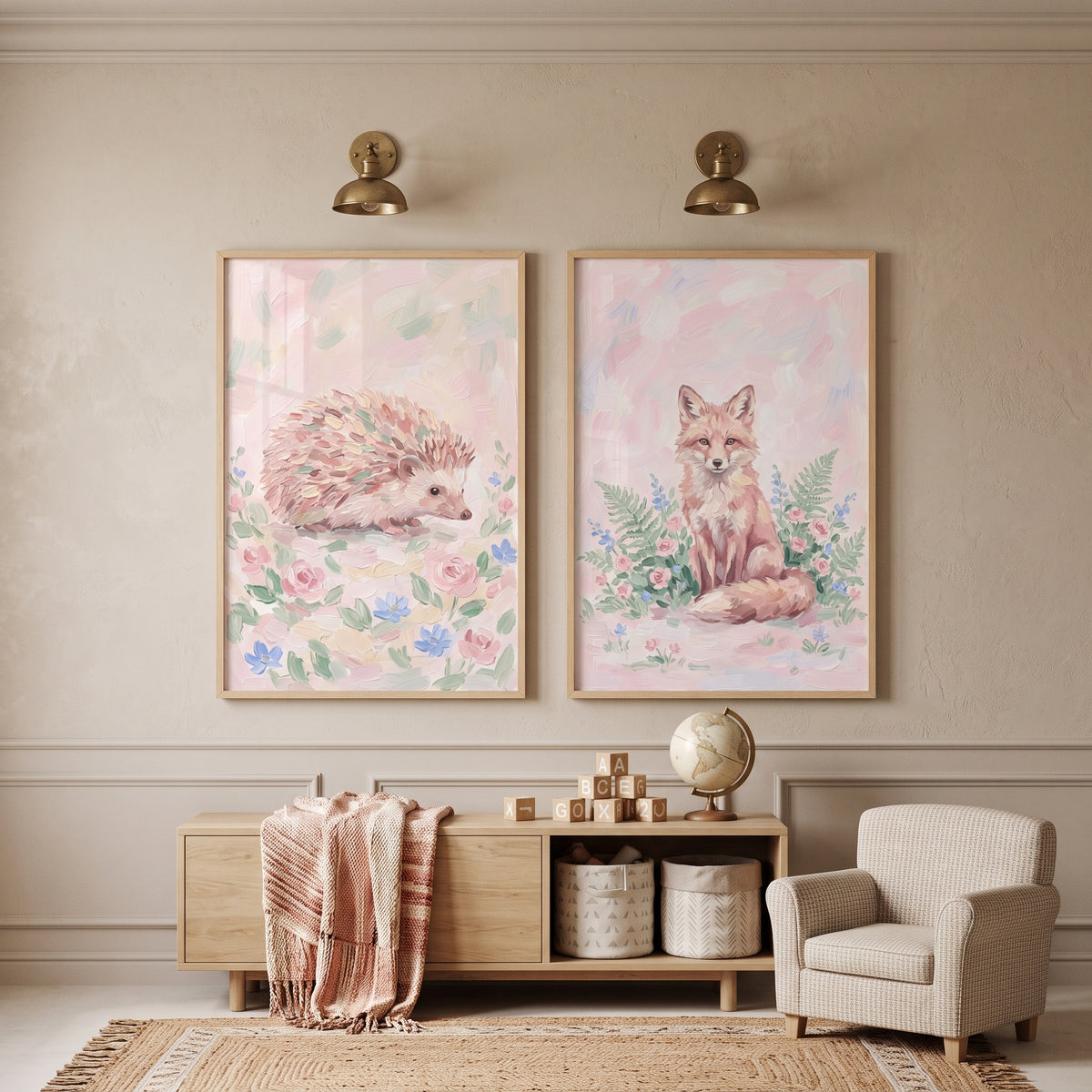 Dreamy Blush Woodland Animals Wall Art Set of 2 - Pastel Woodland Friends