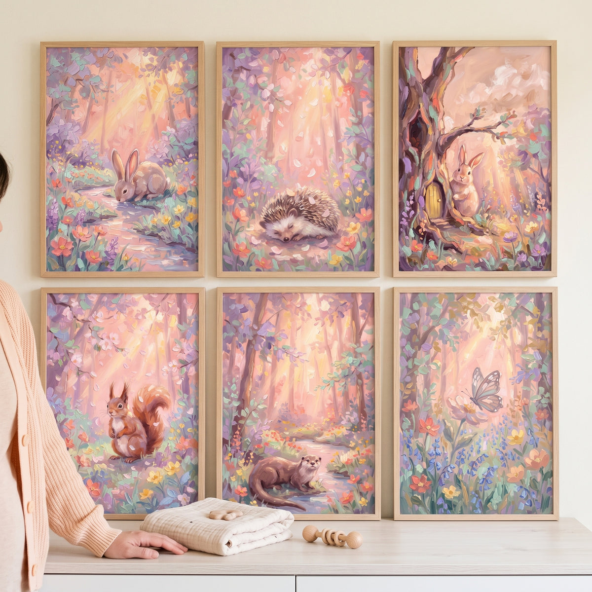 Dreamy blush woodland animals wall art set of 6 displays forest creatures in soft pink and purple pastel scenery.