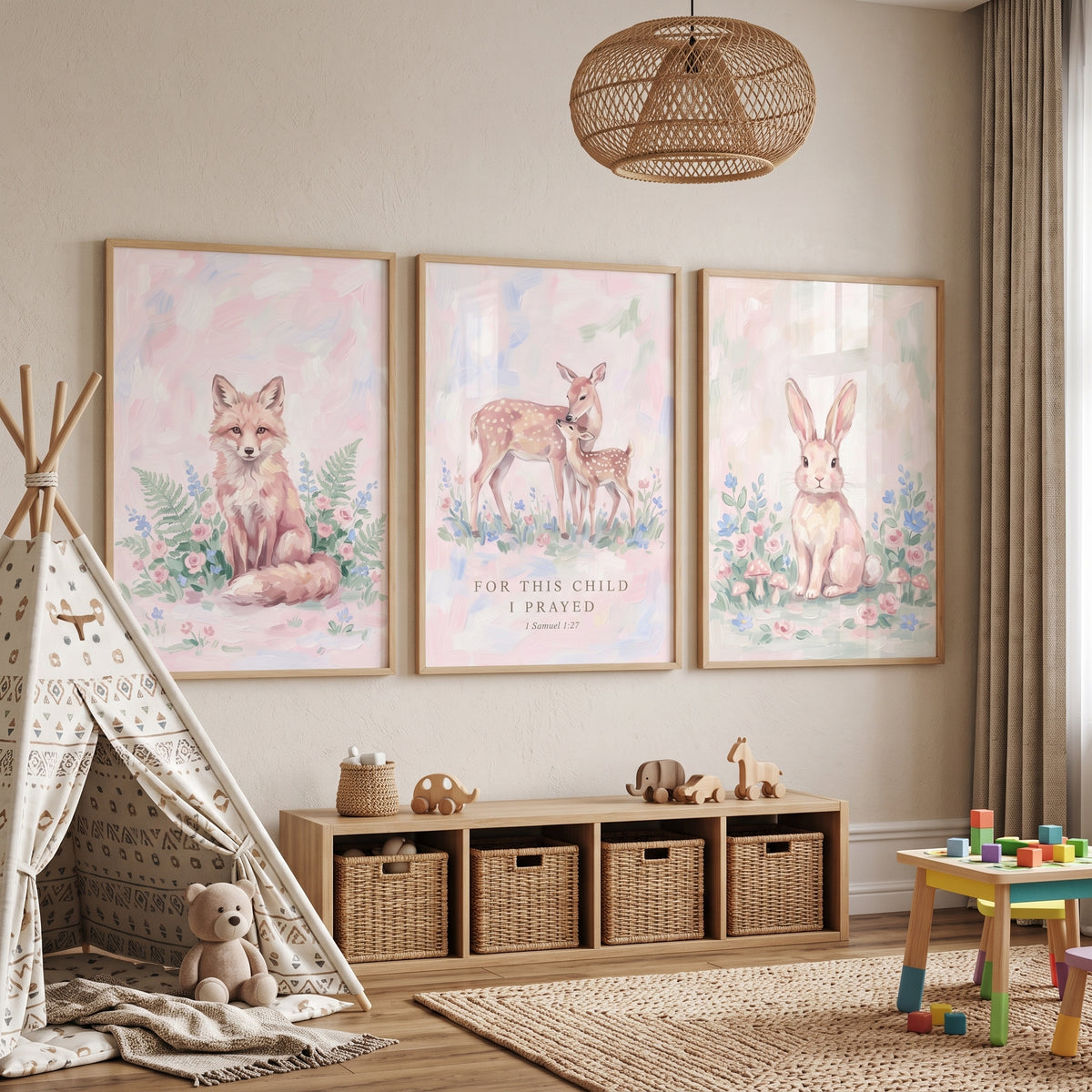 Dreamy Botanical Forest Animals Artwork Set of 3 - Blessed Animal Decor