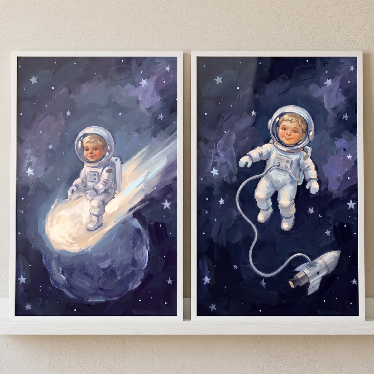 Dreamy celestial baby astronaut wall art set of 2 shows an infant riding a comet over a planet and floating by a rocket.