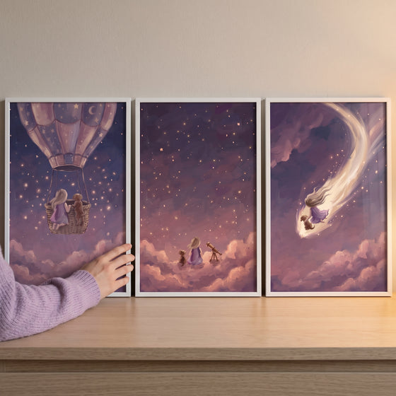 Dreamy celestial girl dog wall art set of 3 featuring a girl and dog traveling through stars in a purple night sky.