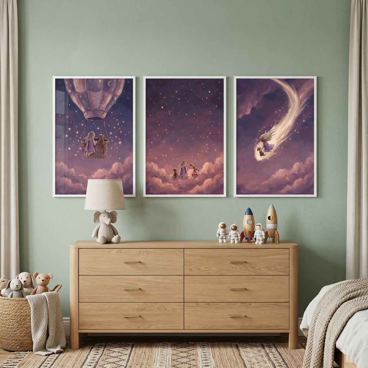 Dreamy Celestial Girl Dog Wall Art Set of 3 - Whimsical Cloud Journey