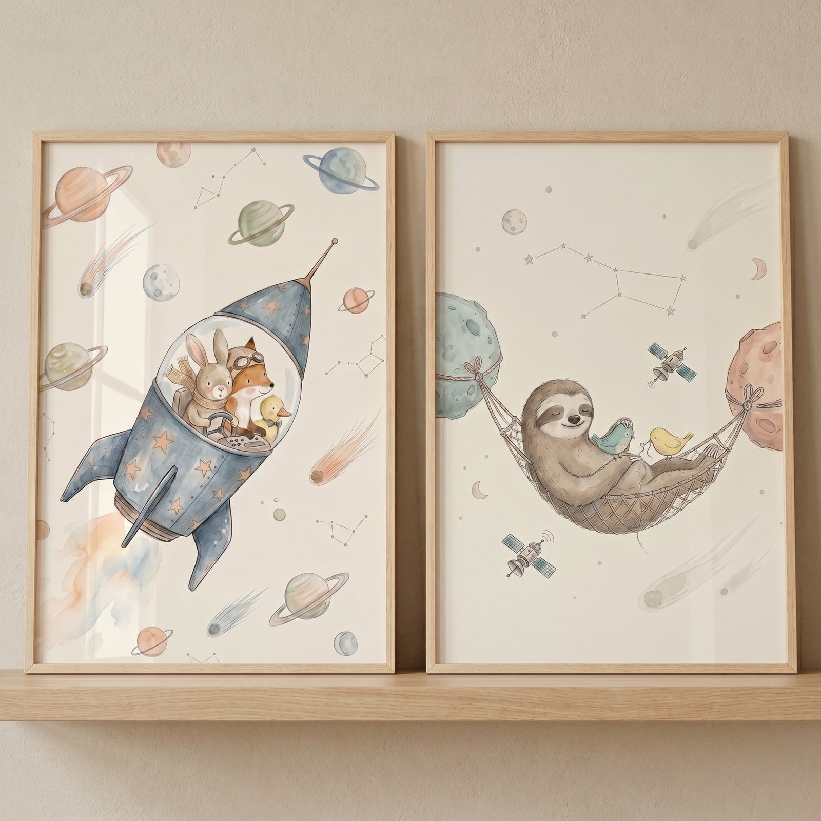 Dreamy celestial space animals wall art set of 2 featuring animals in a rocket and a sloth in a cosmic hammock.