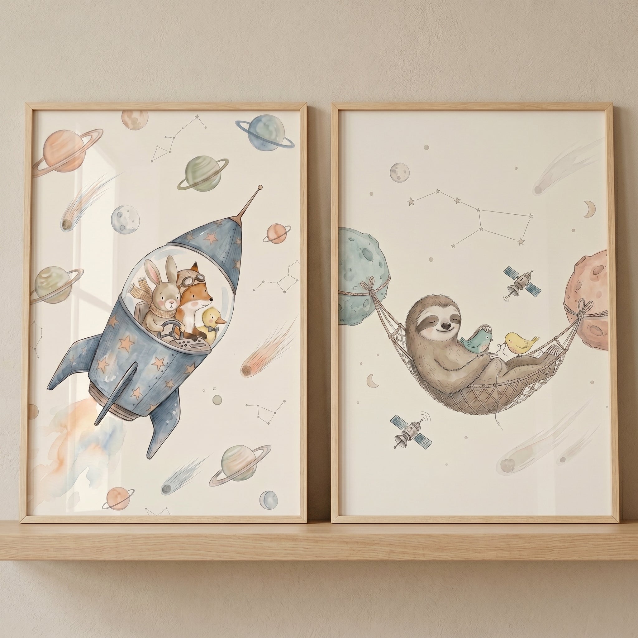 Dreamy Celestial Space Animals Wall Art Set of 2 - Whimsical Space Journey