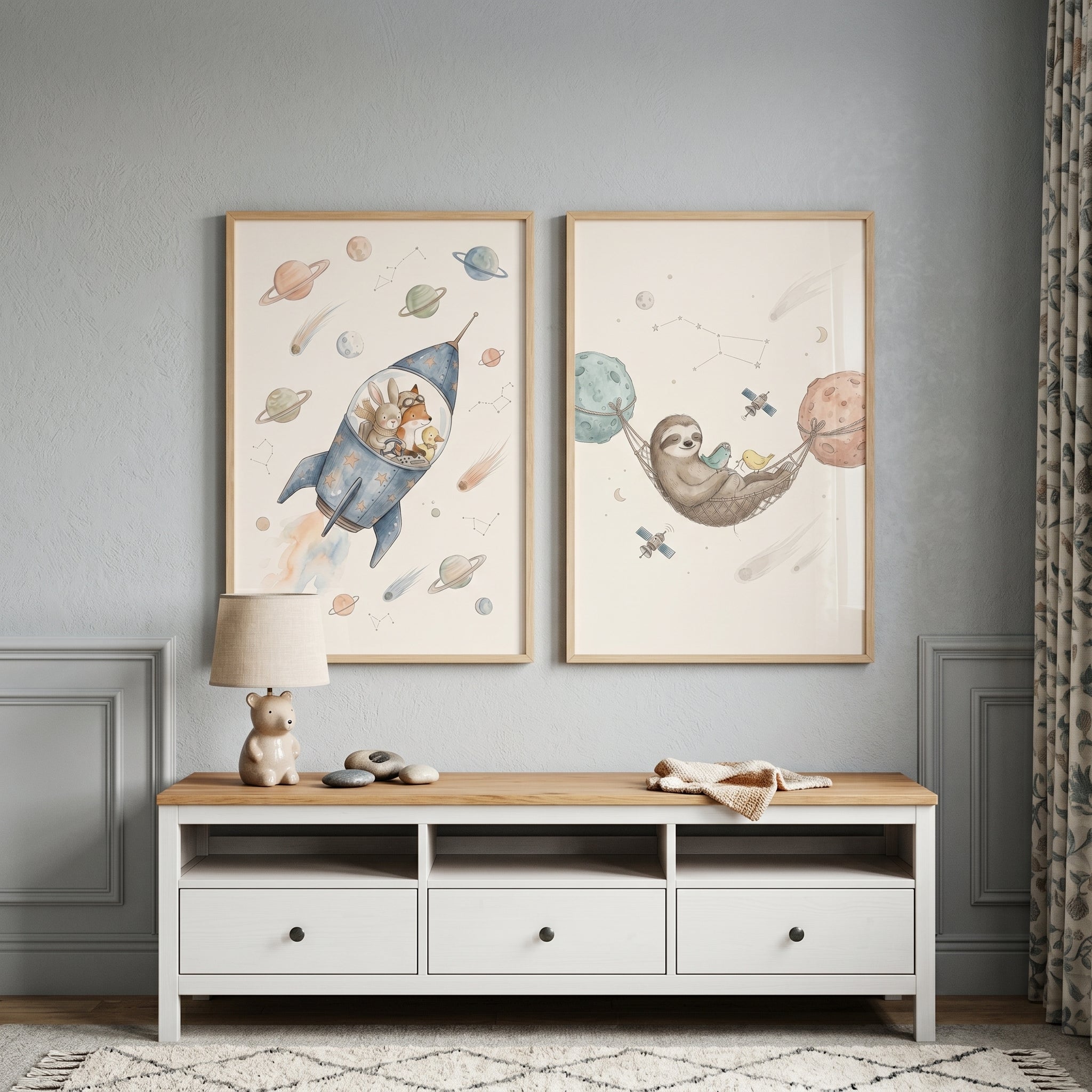 Dreamy Celestial Space Animals Wall Art Set of 2 - Whimsical Space Journey