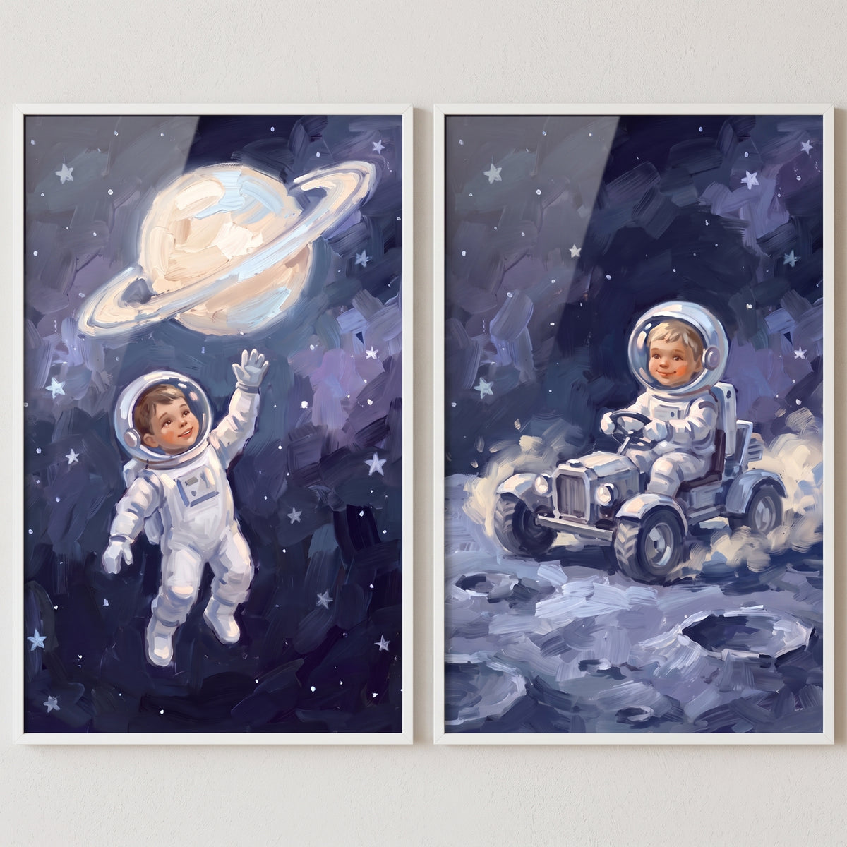 Dreamy cosmic little astronaut wall art set of 2 features a child reaching for a planet and driving a moon rover.