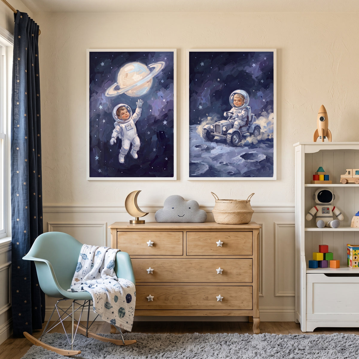 Dreamy Cosmic Little Astronaut Wall Art Set of 2 - Moon Rover Journey