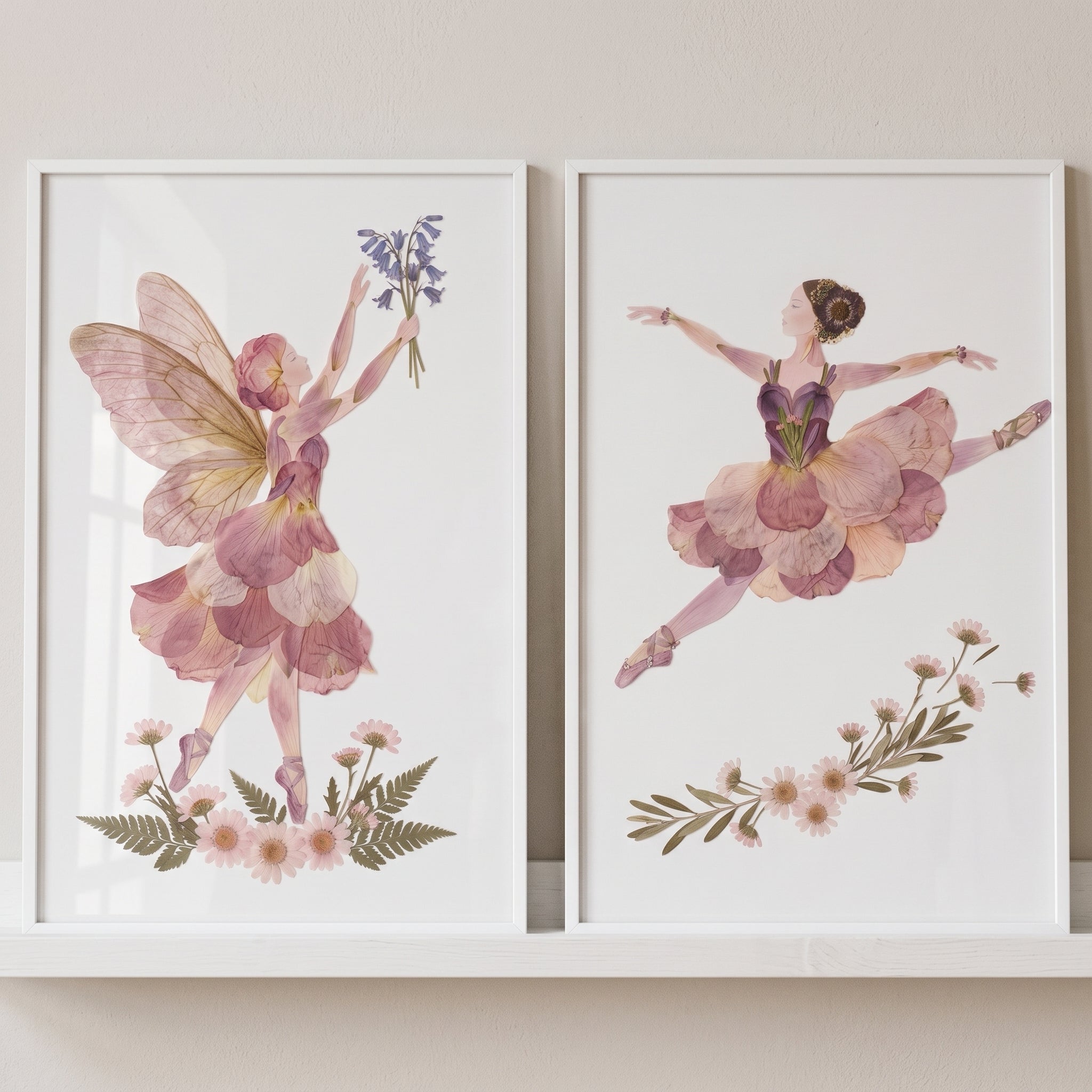 Dreamy Dried Petal Lady Wall Art Set of 2 - Floral Petal Dance