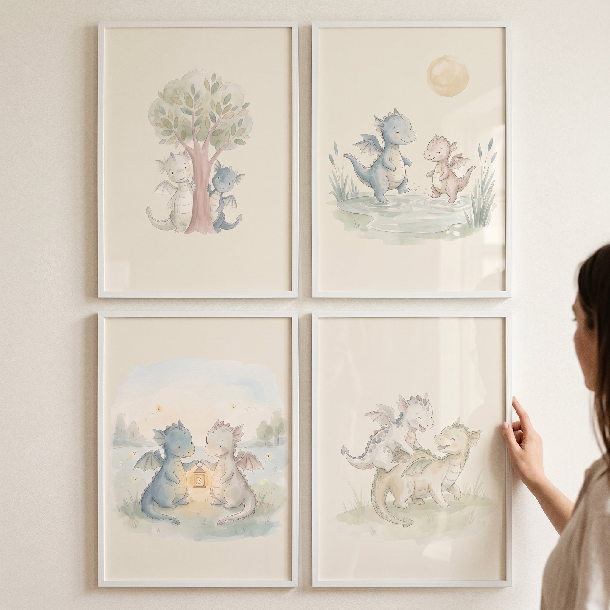 Dreamy Duo Baby Dragons Wall Art Set of 4 - Whimsical Dragon Friends