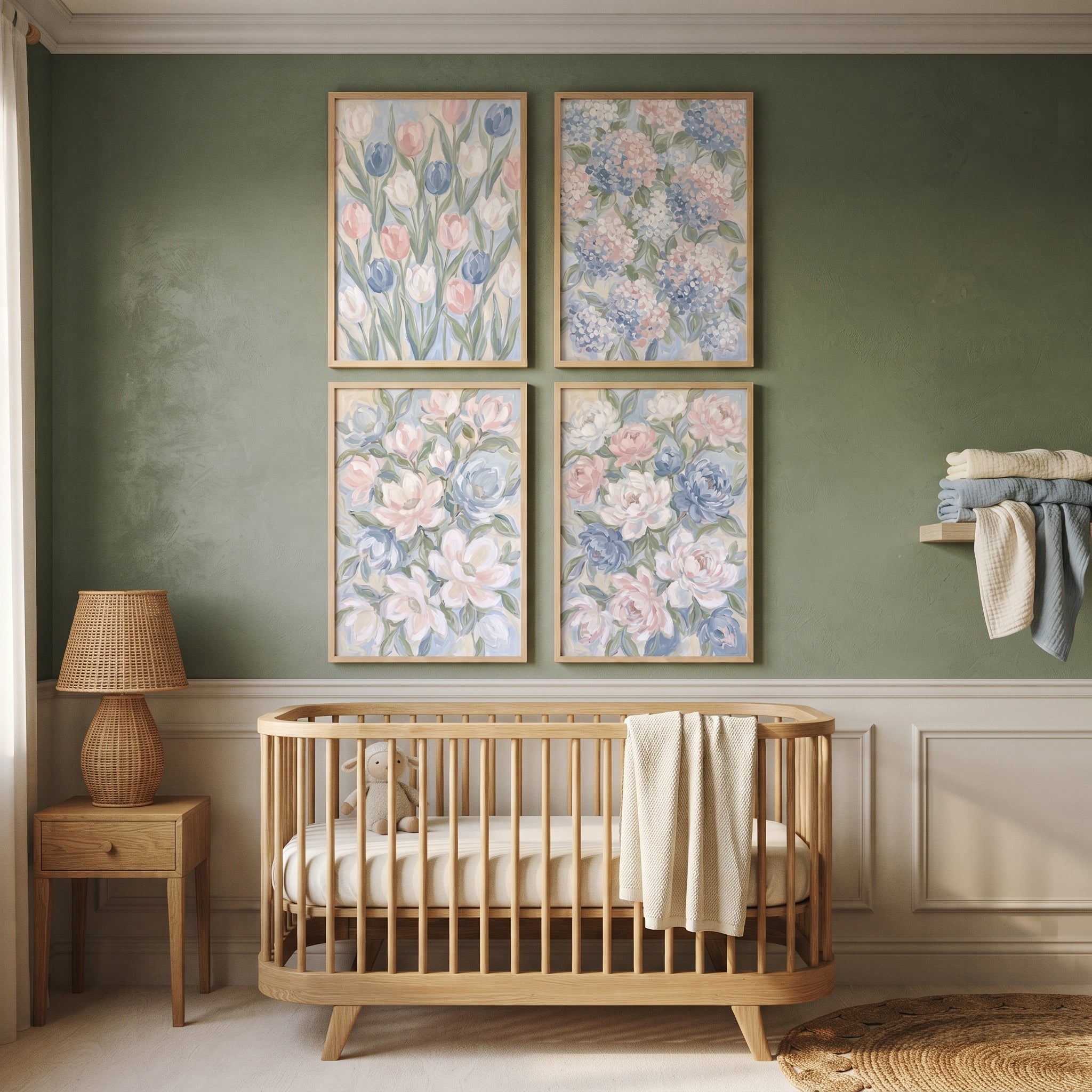 Dreamy Dusty Blue Floral Wall Art Set of 4 - Dreamy Pastel Petals