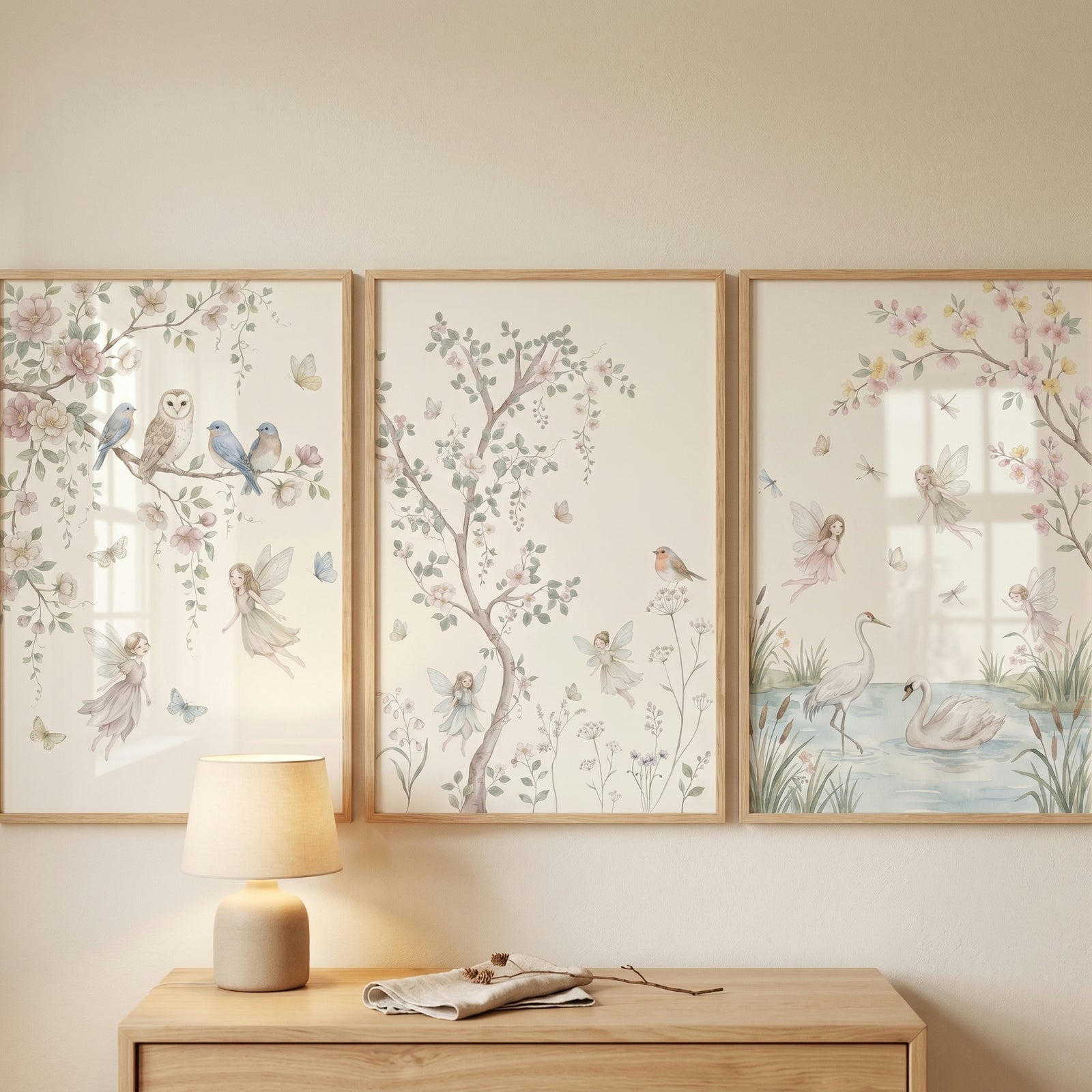 Dreamy enchanted garden fairies wall art set of 3 features birds, blossoms, and winged figures in light wood frames.