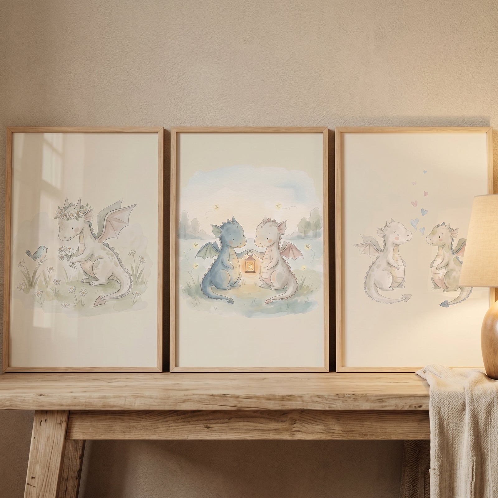 Dreamy fairytale baby dragons wall art set of 3 showing dragons with a bird, a lantern, and hearts in wood frames.