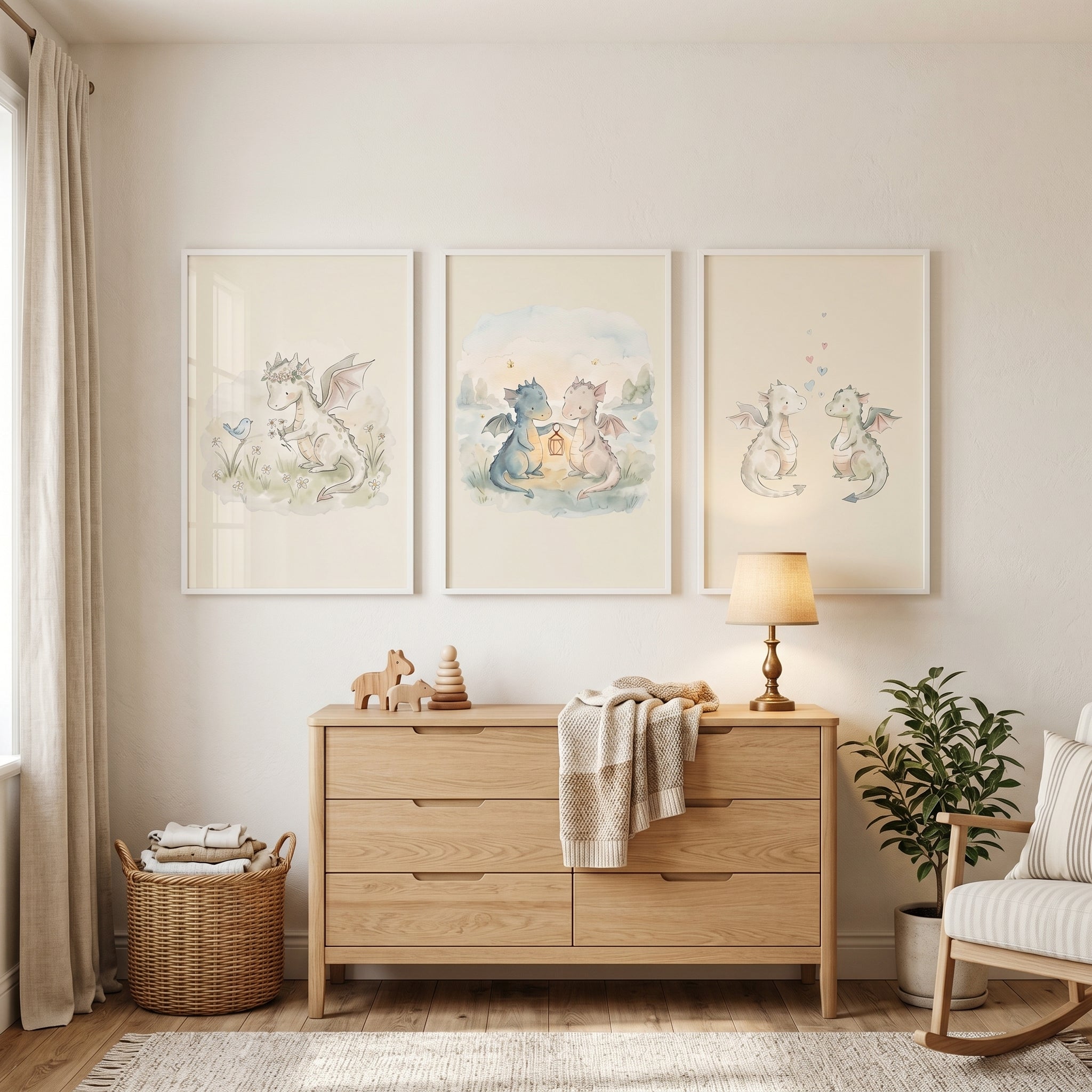 Dreamy Fairytale Baby Dragons Wall Art Set of 3 - Gentle Baby Dragons