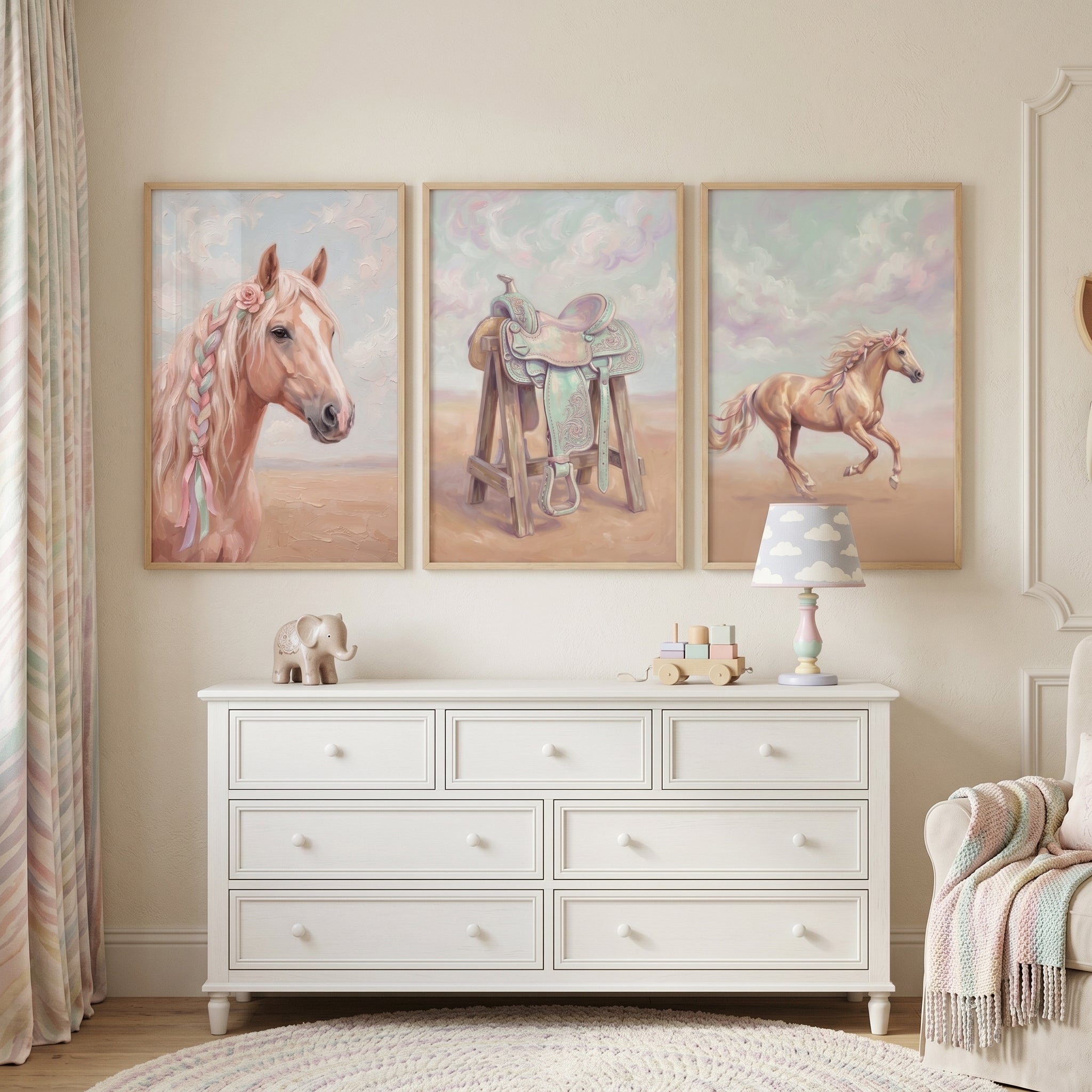 Dreamy Floral Palomino Horse Wall Art Set of 3 - Braided Mane Beauty