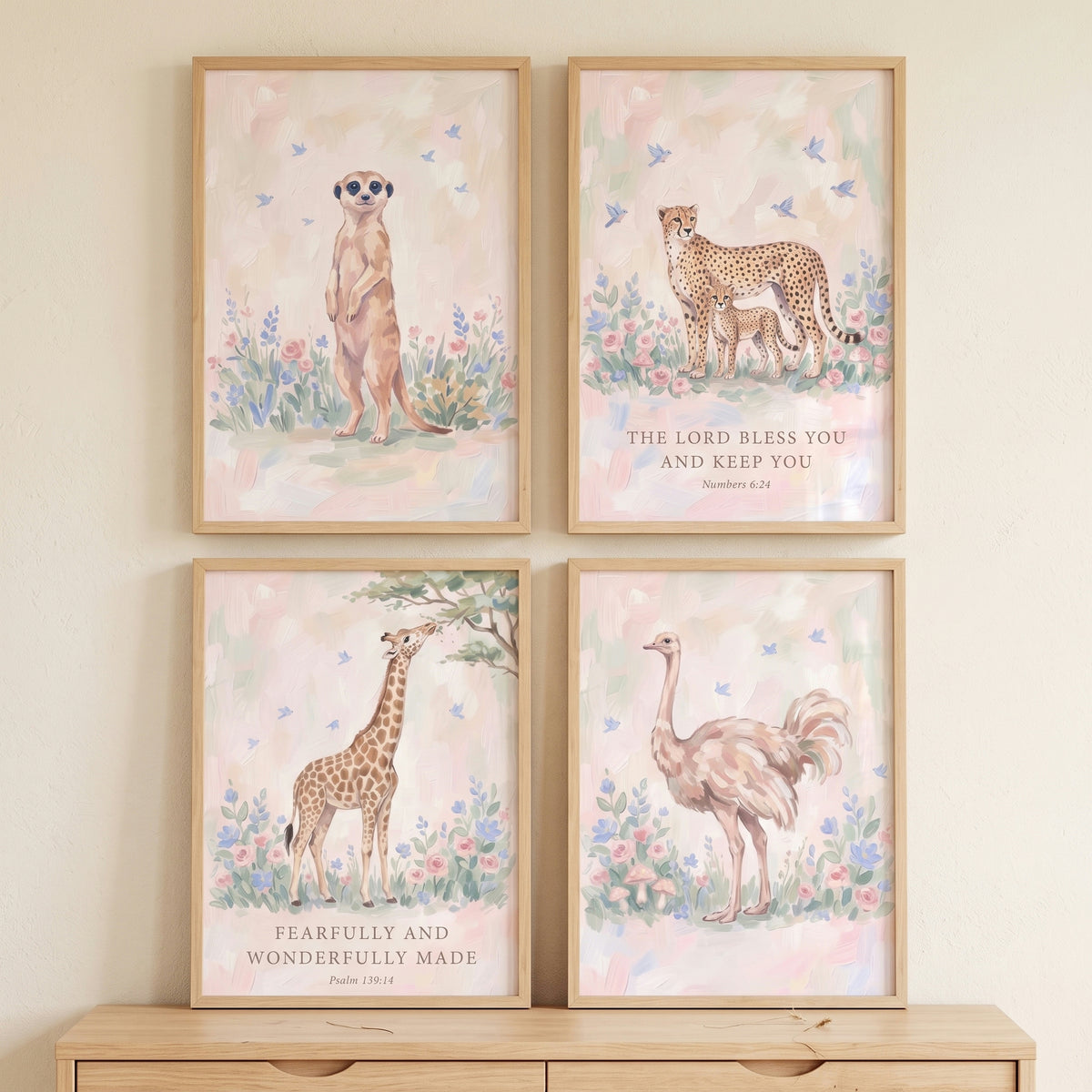 Dreamy floral savanna animals wall art set of 4 featuring a meerkat, cheetah, giraffe, and ostrich in pastel fields.