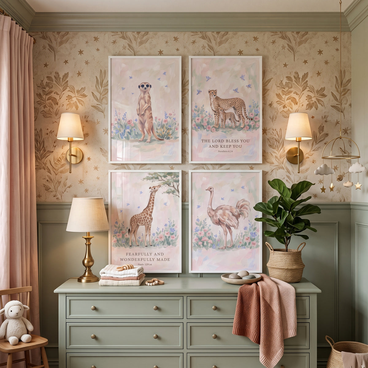 Dreamy Floral Savanna Animals Wall Art Set Of 4 - Gentle Savanna Friends