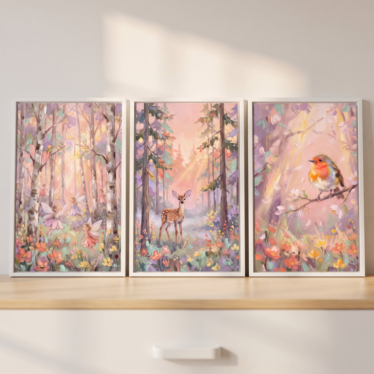 Dreamy floral sunlit forest wall art set of 3 featuring fairies, a deer, and a robin on a wooden dresser in soft light.