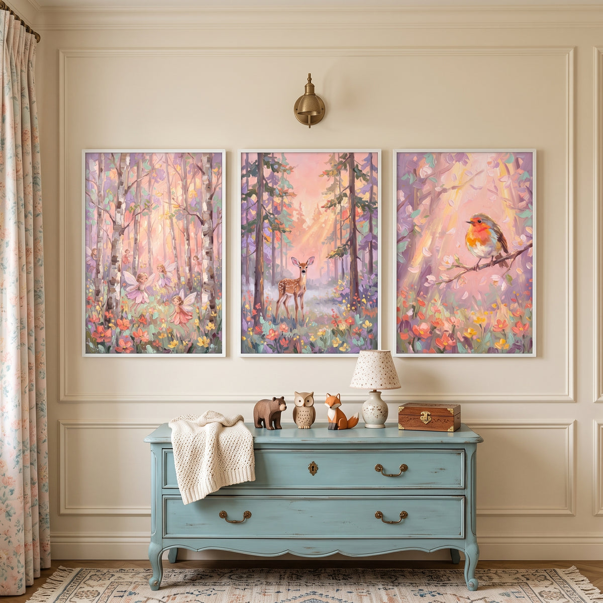 Dreamy Floral Sunlit Forest Wall Art Set of 3 - Enchanted Garden Glow