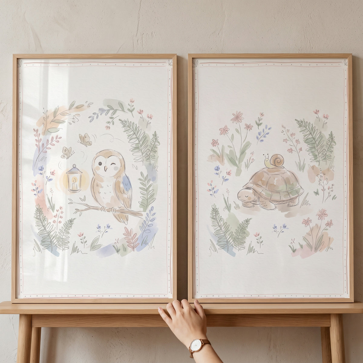 Hand touching a dreamy foliage forest animal wall art set of 2 featuring a watercolor owl and a turtle with a snail.