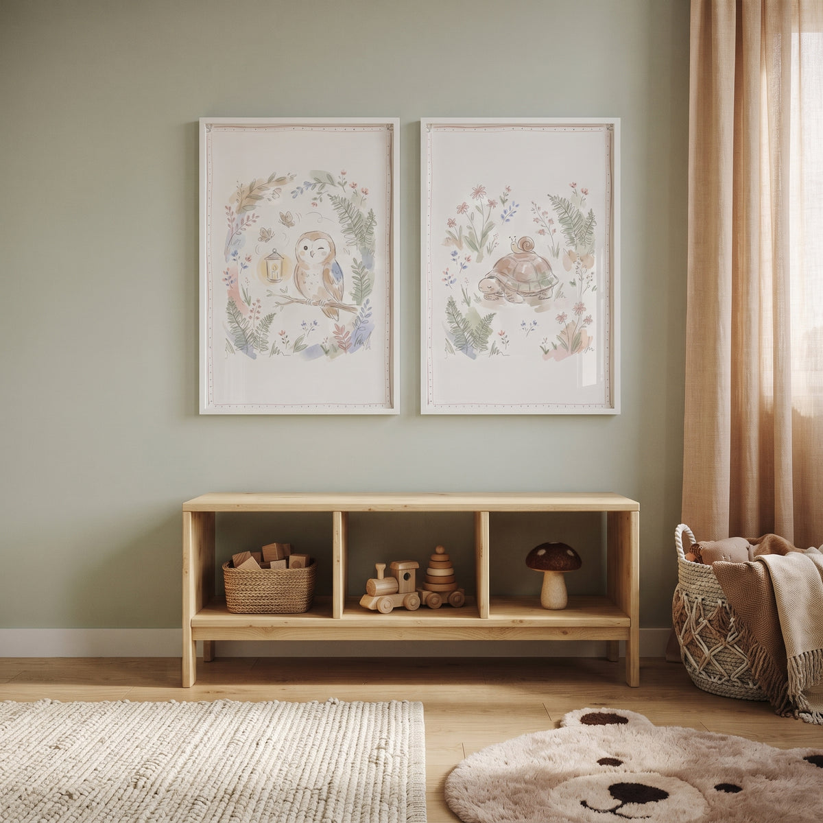 Dreamy Foliage Forest Animal Wall Art Set of 2 - Enchanted Meadow Friends