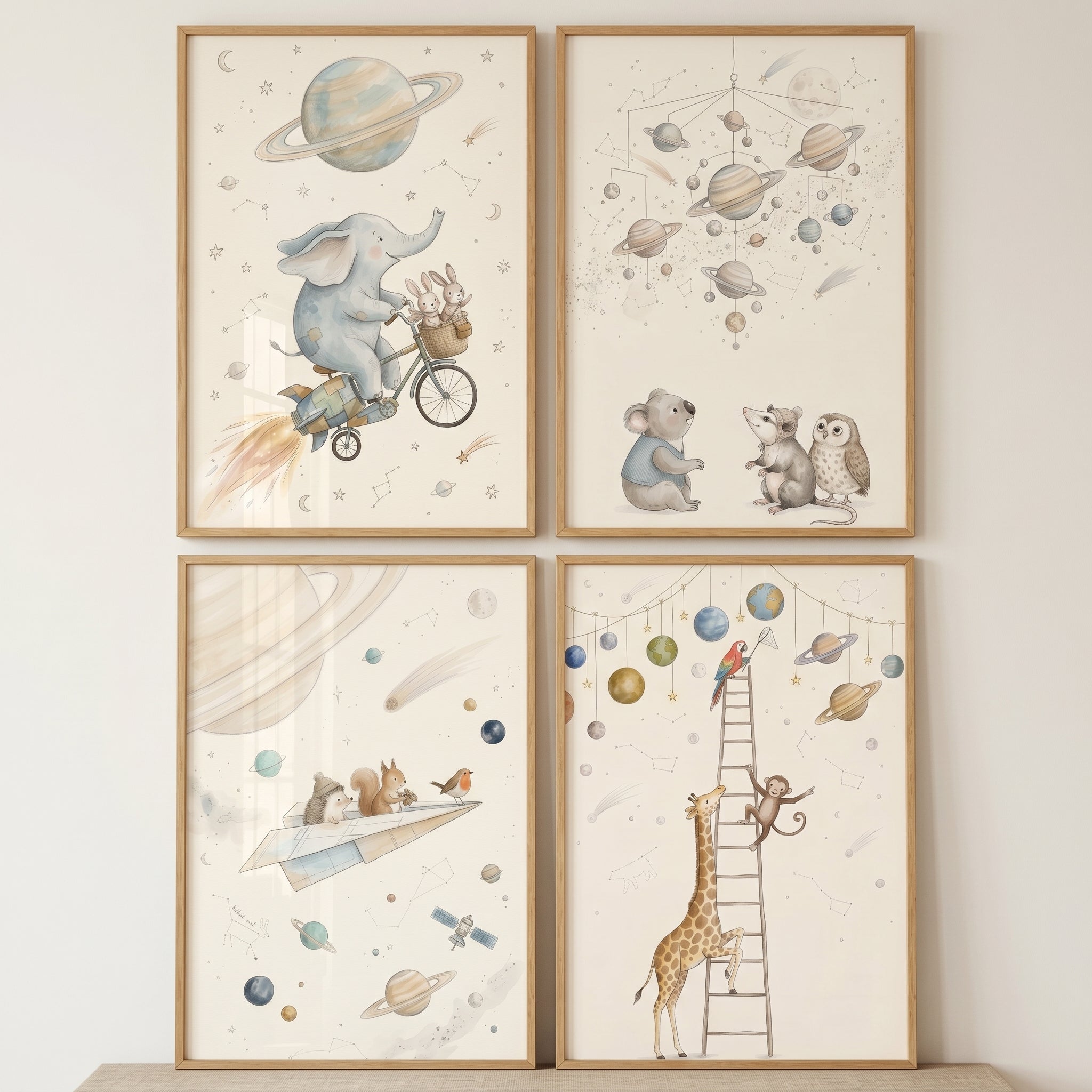 Dreamy Galaxy Space Animals Wall Art Set of 4 - Whimsical Space Travels
