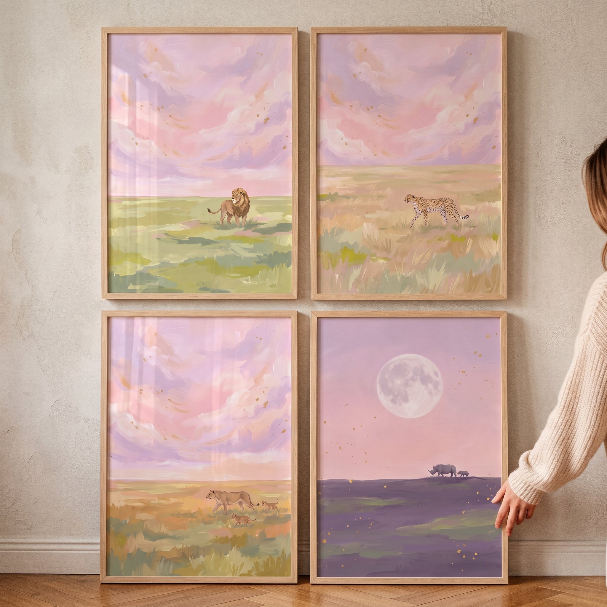 Dreamy Gold Safari Animals Wall Art Set of 4 - Golden Safari Skies