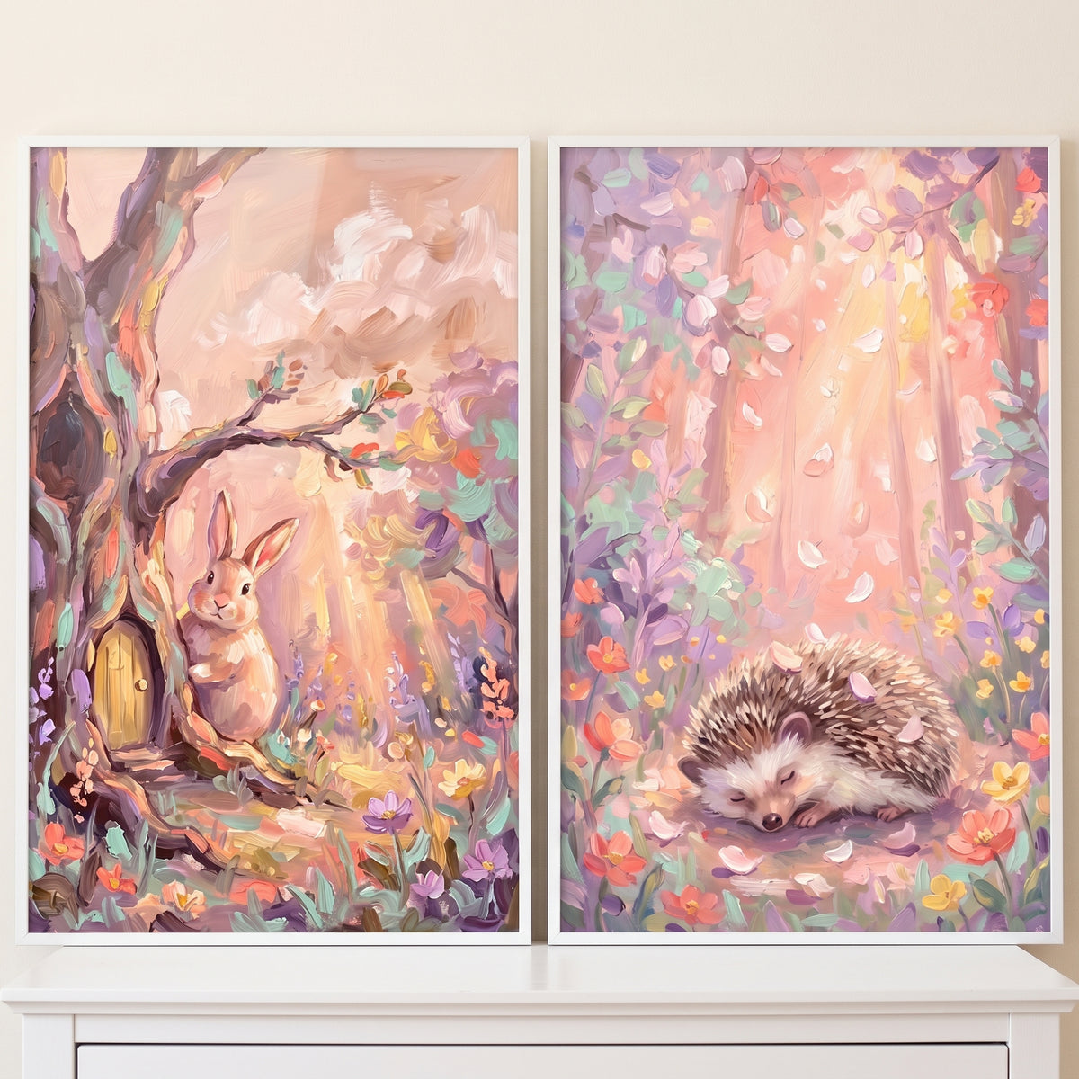 Dreamy gold woodland animals wall art set of 2 featuring a rabbit by a tree home and a sleeping hedgehog in a floral forest.