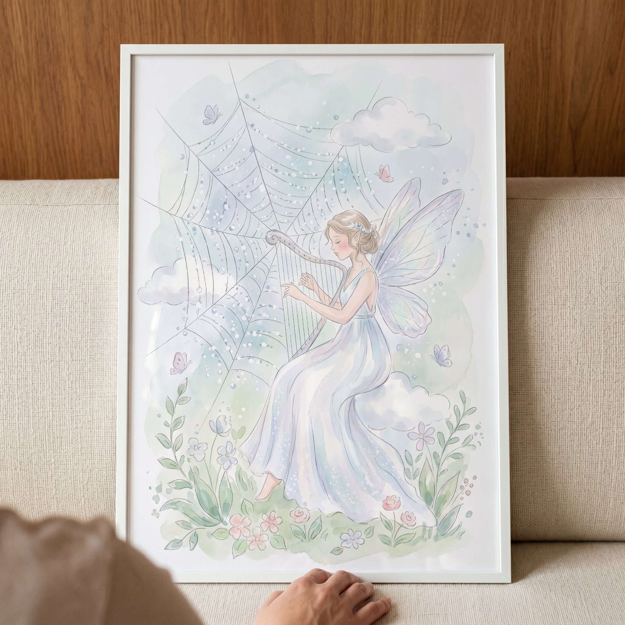 Dreamy Harp Playing Fairy Wall Art - Gossamer Web Harp
