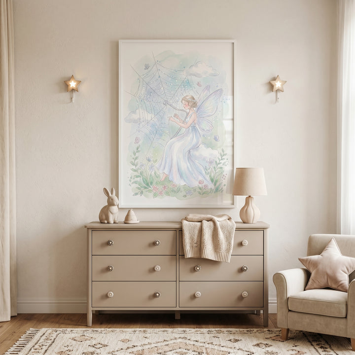 Nursery with dreamy harp playing fairy wall art, star wall lights, a beige dresser, and a chair with a star pillow.