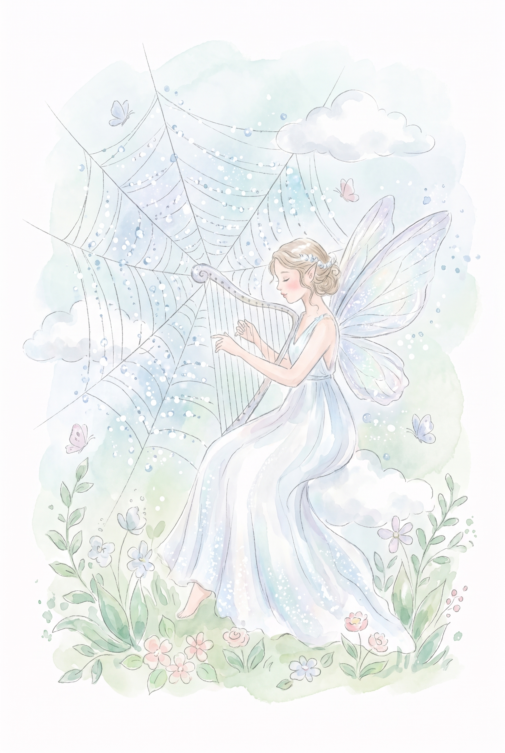 Dreamy Harp Playing Fairy Wall Art - Gossamer Web Harp